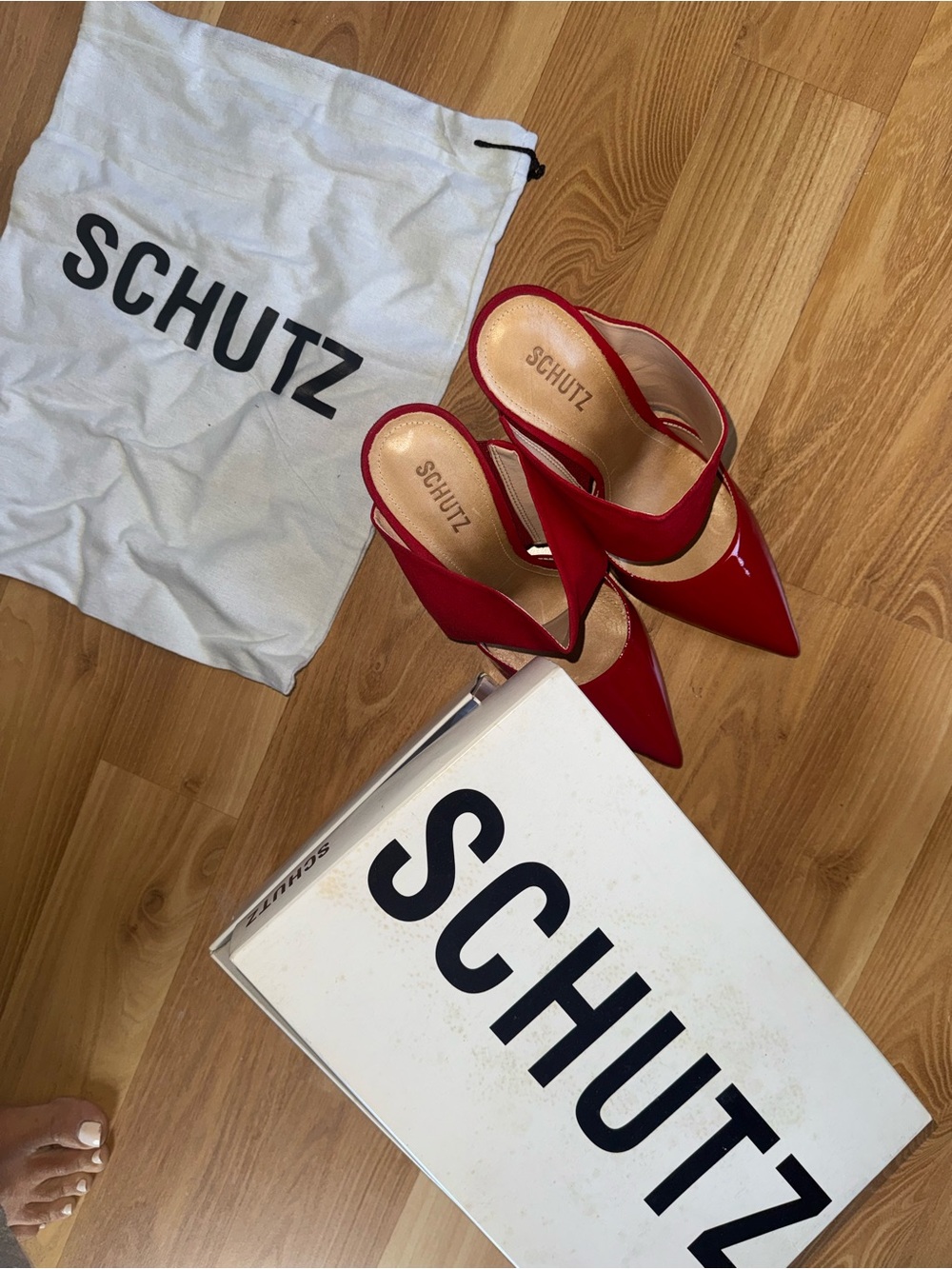SCHUTZ Red Patent & Suede Pointed Slide Mules - Picture 9 of 12